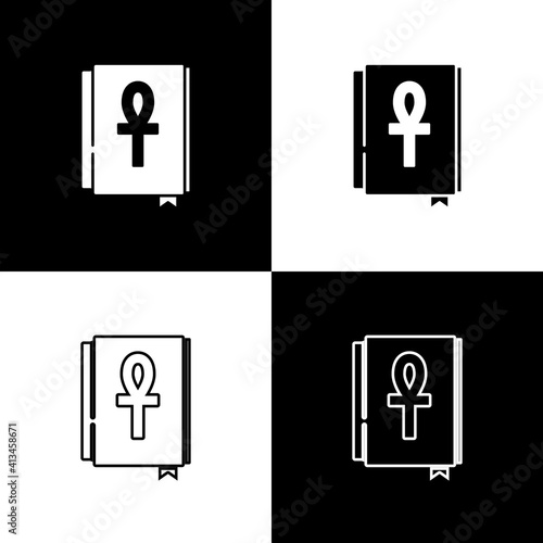 Set Cross ankh book icon isolated on black and white background. Vector.