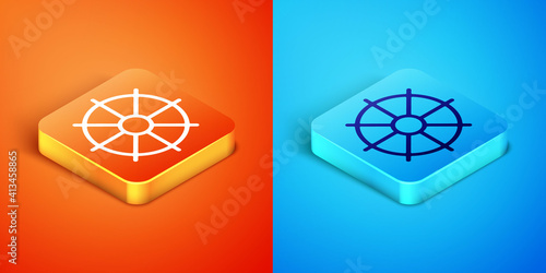 Isometric Dharma wheel icon isolated on orange and blue background. Buddhism religion sign. Dharmachakra symbol. Vector.