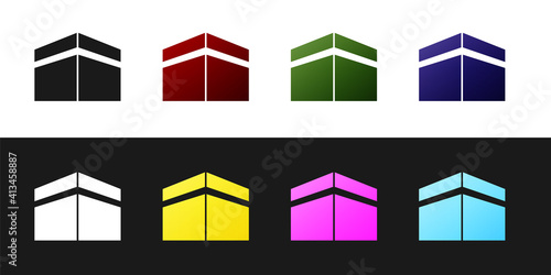 Set Kaaba mosque icon isolated on black and white background. Kaaba hajj Mecca pray pilgrimage Ramadan Islam muslim mosque. Vector.