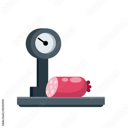 Sausage on scale. Shopping in a grocery store. Weighing of meat products. Decoration for the store and counter. Flat cartoon illustration