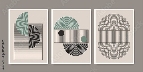 Set of abstract creative minimalist modern mid century posters with geometric shapes and lines. Composition design for wall decoration, cover brochure, branding, print.
