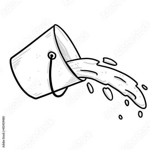 Water is poured out of bucket. Overturned pail with liquid and splashes with drops. Sketch cartoon illustration