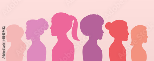 Silhouette profile group of women, side view. Multicultural society female for women's issues, concept equality and friendship.