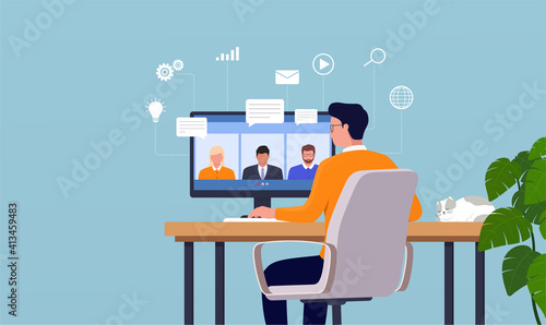 Work from home man having a video conference with his colleagues. Online people work together. Remote teamwork concept.