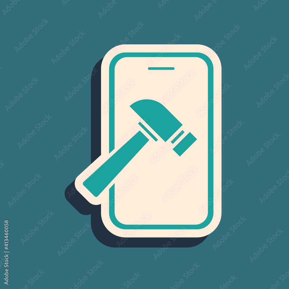 Green Smartphone with broken screen icon isolated on green background. Shattered phone screen icon. Long shadow style. Vector.