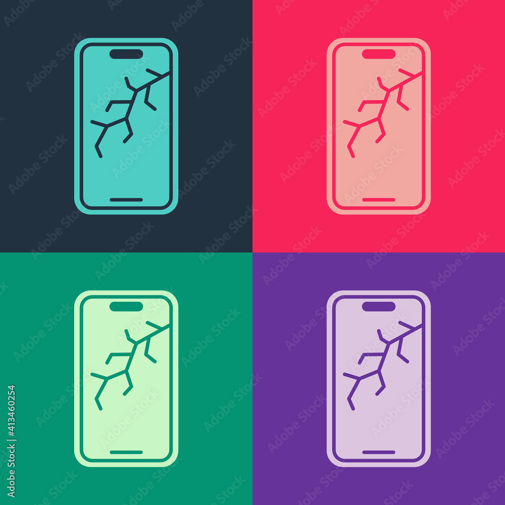 Pop art Smartphone with broken screen icon isolated on color background. Shattered phone screen icon. Vector.