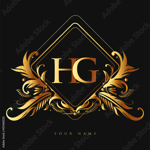 Initial logo letter HG with golden color with ornaments and classic pattern, vector logo for business and company identity.