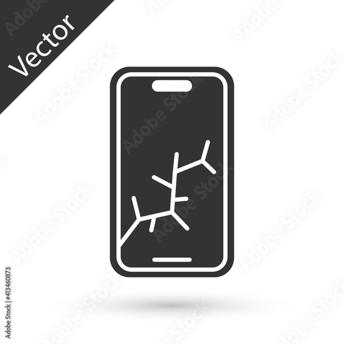 Grey Smartphone with broken screen icon isolated on white background. Shattered phone screen icon. Vector.