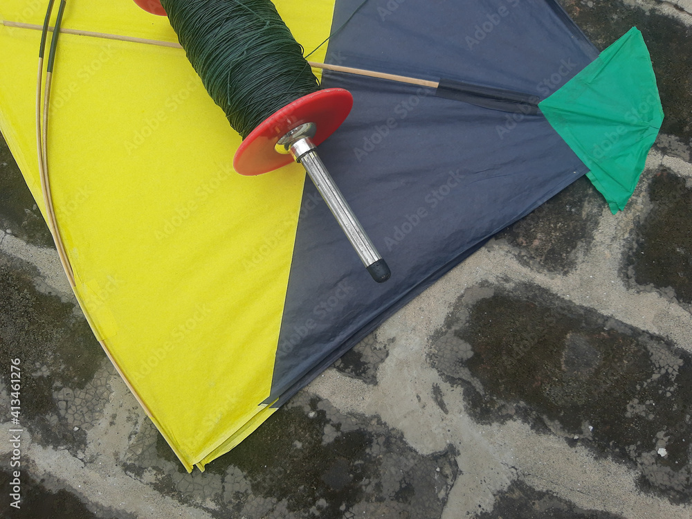 Foto Stock Indian kites and spool used in the very popular sport of