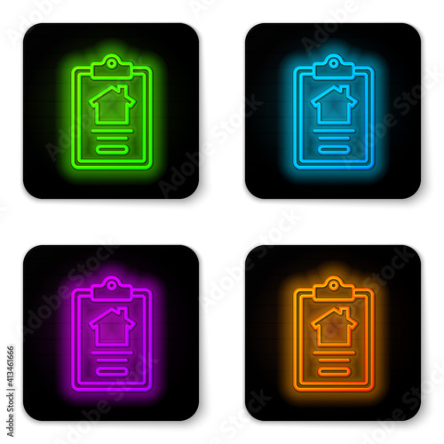 Glowing neon line House contract icon isolated on white background. Contract creation service, document formation, application form composition. Black square button. Vector.