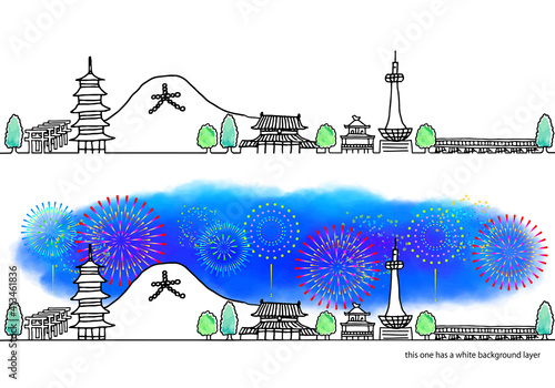 京都の観光地の街並みと花火のシンプル線画セット