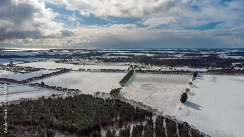 Snow covered woodlands in rural Suffolk, UK