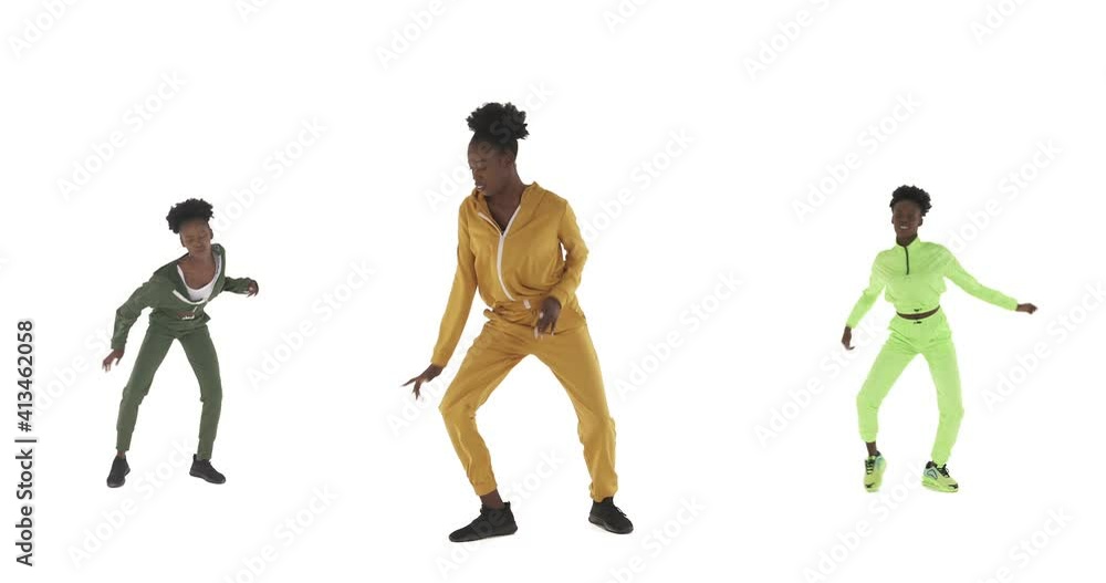 Collage video with African American woman dancing hip hop. Same person dressed in tracksuits in various colors. Street dance movements. Isolated on white background Collage video with African American woman dancing hip hop. Same person dressed in tracksuits in various colors. Street dance movements. Isolated on white background