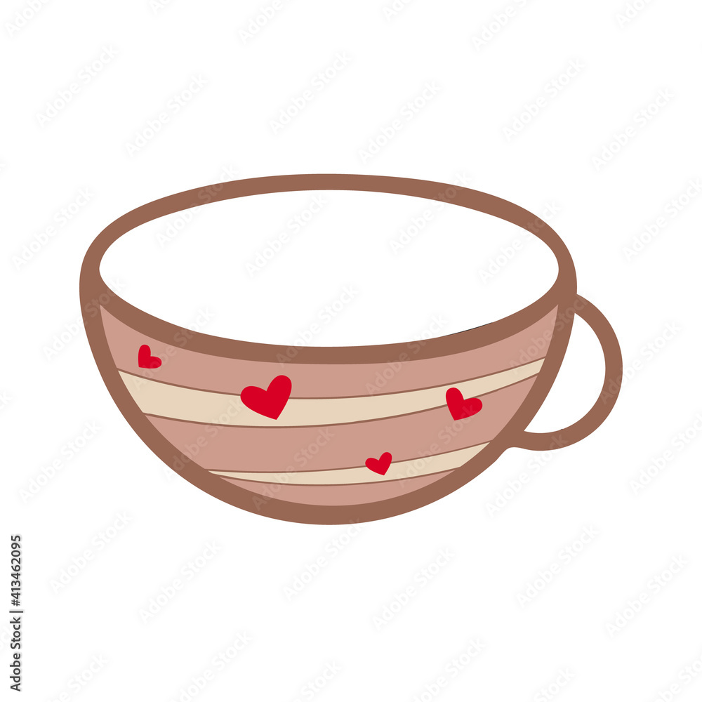 Cup icon decorated with hearts, cartoon cute doodle style in pastel colors. Hearts are movable. White background Cup icon decorated with hearts, cartoon cute doodle style in pastel colors. Hearts are movable. White background
