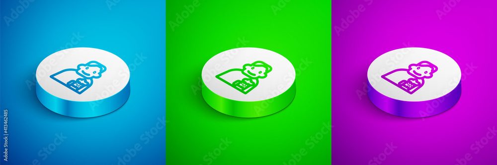 Isometric line Happy man with beer icon isolated on blue,green and purple background. White circle button. Vector. Isometric line Happy man with beer icon isolated on blue,green and purple background. White circle button. Vector.
