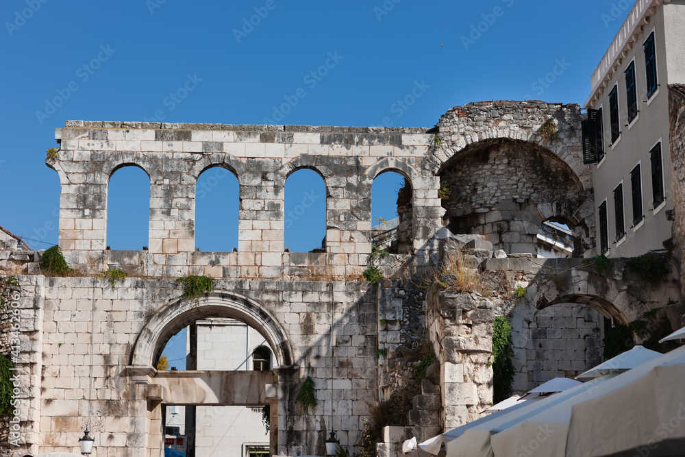 Ruins of the historic city of Split, old walls. Dalmatia, Croatia