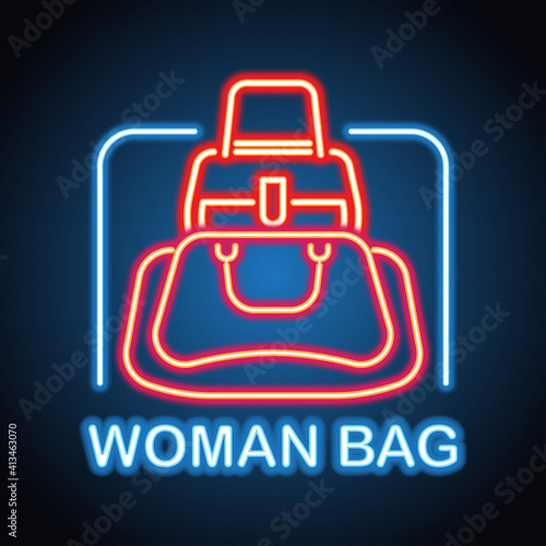 woman hand bag shop neon sign for woman bag shop and store plank banner. vector illustration photo