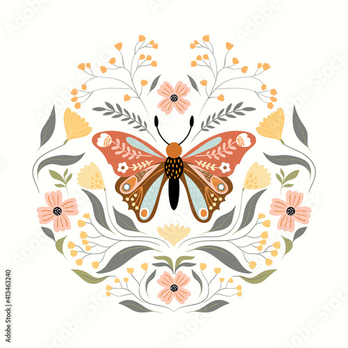 Floral butterfly with decorative design, round composition with different flowers and plants, pastel colors