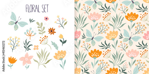 Spring, summer floral set with seamless pattern and different flowers and plants collection
