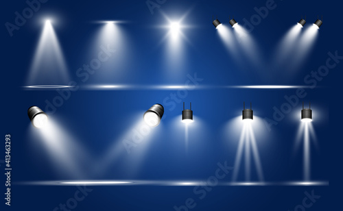 Searchlight collection for stage lighting, light transparent effects. Bright beautiful lighting with spotlights.