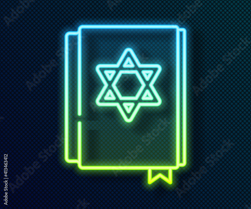 Glowing neon line Jewish torah book icon isolated on black background. Pentateuch of Moses. On the cover of the Bible is the image of the Star of David. Vector.