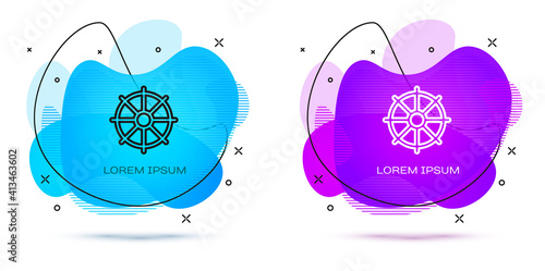 Line Dharma wheel icon isolated on white background. Buddhism religion sign. Dharmachakra symbol. Abstract banner with liquid shapes. Vector.