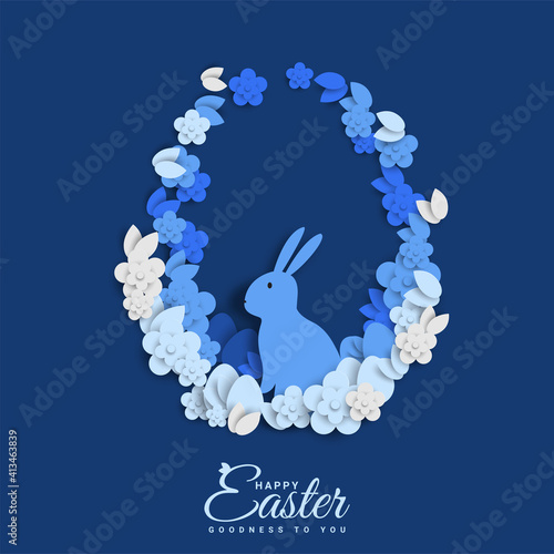 3d abstract paper cut illustration of colorful Easter arnab, grass, flowers and blue egg shapes. Happy Easter greeting card template. Vactor