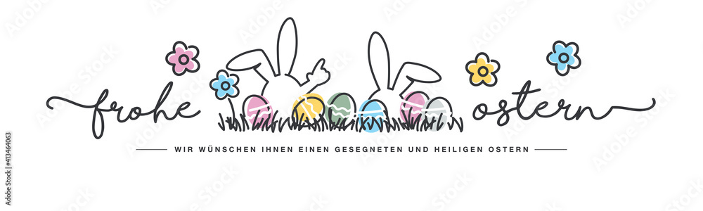 Happy Easter we wish you a holy and blessed Easter German language handwritten typography lettering line design bunny colorful flowers and eggs in grass greeting card Happy Easter we wish you a holy and blessed Easter German language handwritten typography lettering line design bunny colorful flowers and eggs in grass greeting card