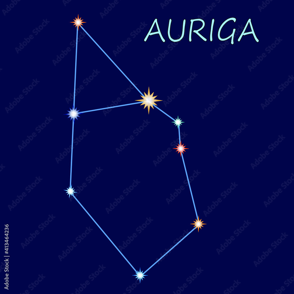 The constellation of the Charioteer with respect to the colors and sizes of the stars. Icon, logo. The constellation of the Charioteer with respect to the colors and sizes of the stars. Icon, logo.
