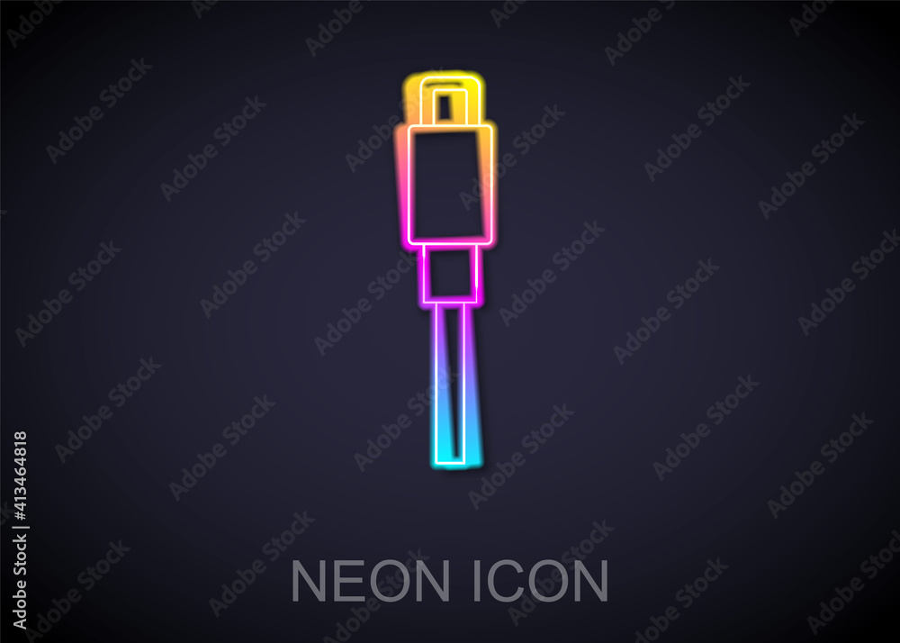 Glowing neon line USB cable cord icon isolated on black background. Connectors and sockets for PC and mobile devices. Vector. Glowing neon line USB cable cord icon isolated on black background. Connectors and sockets for PC and mobile devices. Vector.