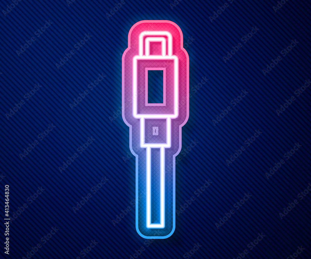 Glowing neon line USB cable cord icon isolated on blue background. Connectors and sockets for PC and mobile devices. Vector. Glowing neon line USB cable cord icon isolated on blue background. Connectors and sockets for PC and mobile devices. Vector.