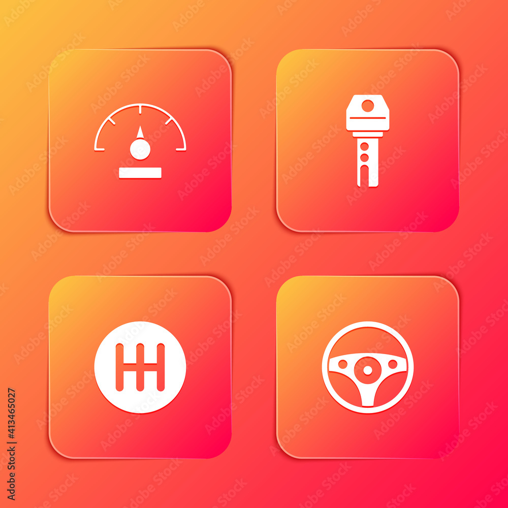 Set Speedometer, Car key with remote, Gear shifter and Steering wheel icon. Vector. Set Speedometer, Car key with remote, Gear shifter and Steering wheel icon. Vector.