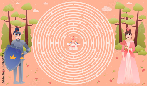 Fairy tale kids labyrinth for children books or printable worksheets, help find right way to castle, princess and knight