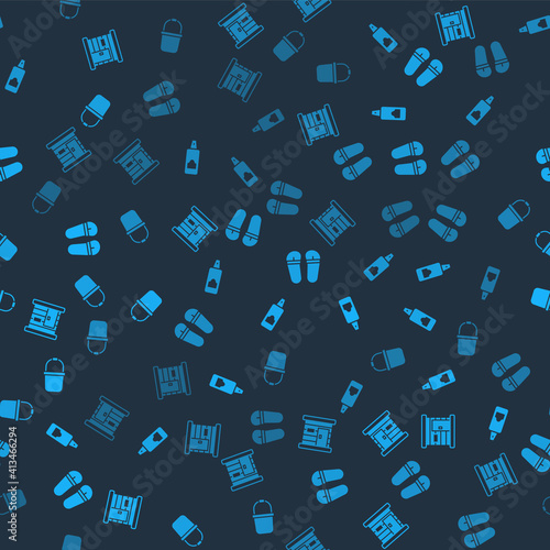 Set Sauna wooden bathhouse, Spray can for hairspray, Flip flops and bucket on seamless pattern. Vector.