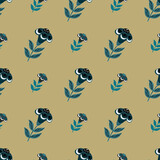 Nature botanic seamless pattern with navy blue flower folk silhouettes ornament. Beige background.