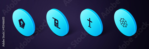 Set Isometric Dharma wheel, Christian cross, Torah scroll and Pope hat icon. Vector.