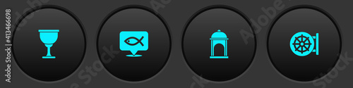 Set Holy grail or chalice, Christian fish, Muslim Mosque and Dharma wheel icon. Vector.