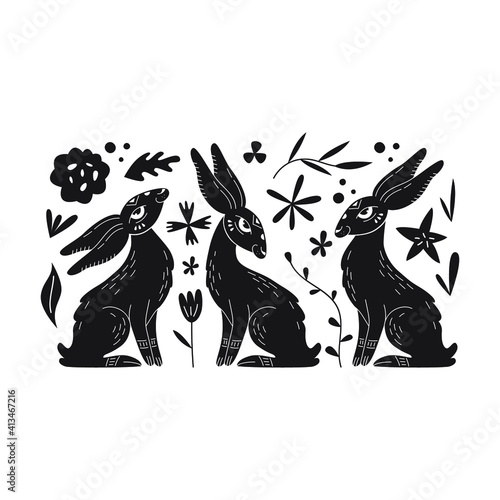 Vector illustration of a rabbit with floral elements, linocut style. photo