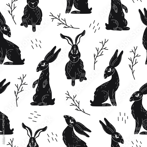 Seamless vector pattern with hand drawn rabbits. Linocut style