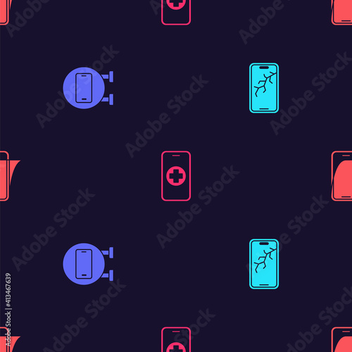 Set Mobile with broken screen, Phone repair service, and Glass protector on seamless pattern. Vector.