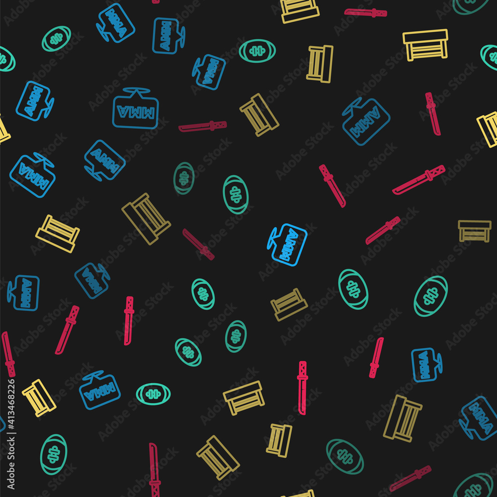 Set line Fight club MMA, American Football ball, Boxing ring and Japanese katana on seamless pattern. Vector. Set line Fight club MMA, American Football ball, Boxing ring and Japanese katana on seamless pattern. Vector.