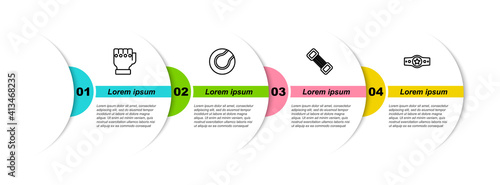 Set line MMA glove, Tennis ball, Chest expander and Boxing belt. Business infographic template. Vector.