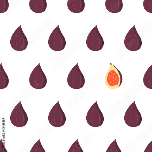 Seamless pattern with hand drawn vector purple fig fruit, all whole and one half. Eye-catching element. Healthy food minimal background. Organic textile. Natural backdrop. Fabric print texture.
