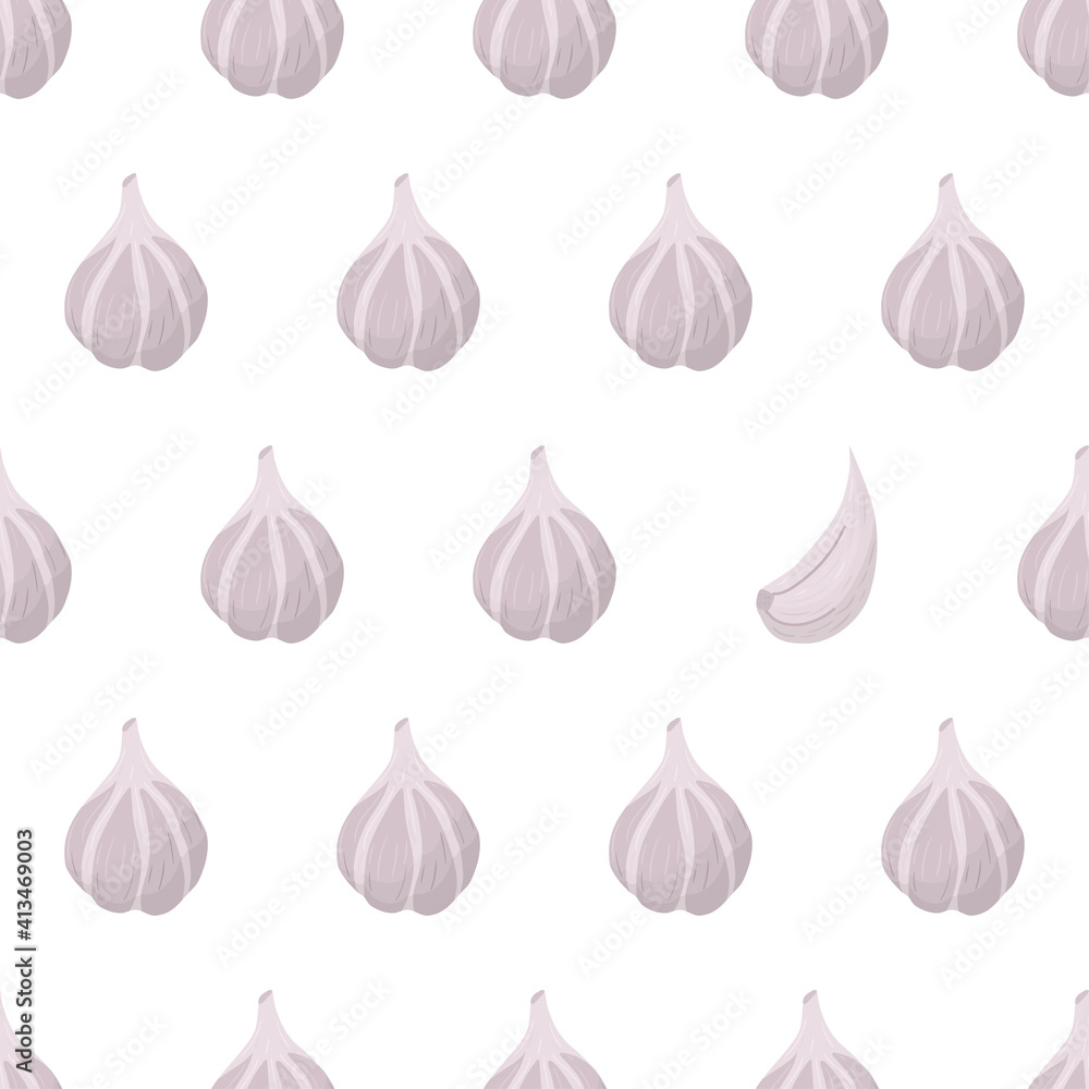 Garlic bulb seamless pattern in cartoon art style with eye catching element of garlic clove. Vector illustration graphic design. Healthy food background. Vegetable, spice for cooking. Garlic bulb seamless pattern in cartoon art style with eye catching element of garlic clove. Vector illustration graphic design. Healthy food background. Vegetable, spice for cooking.