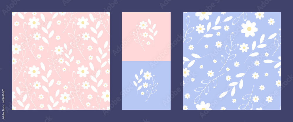 2 Seamless floral patterns. White chamomile and daisies. Samples of a flower fragment. Pink and blue background. For textiles, decor, wrapping paper or packaging. Vector image.