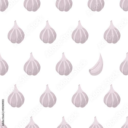 Garlic bulb seamless pattern in cartoon art style with eye catching element of garlic clove. Vector illustration graphic design. Healthy food background. Vegetable, spice for cooking.