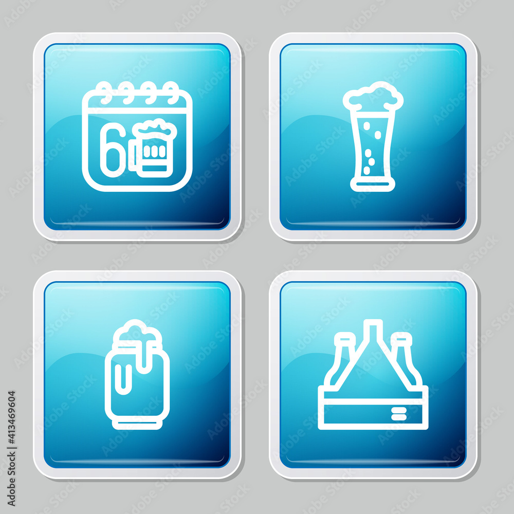 Set line Saint Patricks day calendar, Glass of beer, Beer can with foam and Pack bottles icon. Vector. Set line Saint Patricks day calendar, Glass of beer, Beer can with foam and Pack bottles icon. Vector.