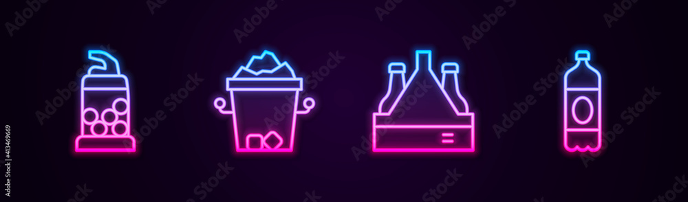 Set line Bottle opener, Ice bucket, Pack of beer bottles and Plastic. Glowing neon icon. Vector. Set line Bottle opener, Ice bucket, Pack of beer bottles and Plastic. Glowing neon icon. Vector.