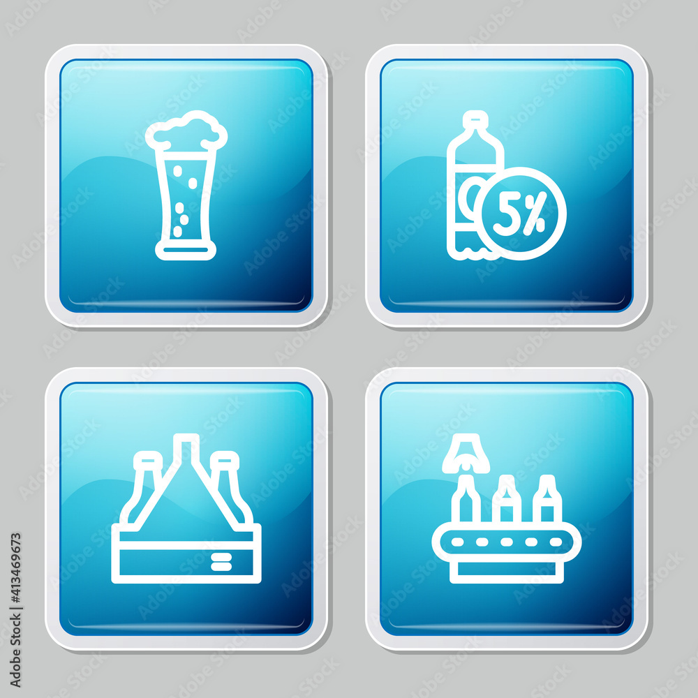 Set line Glass of beer, Beer bottle, Pack bottles and Conveyor band, icon. Vector.