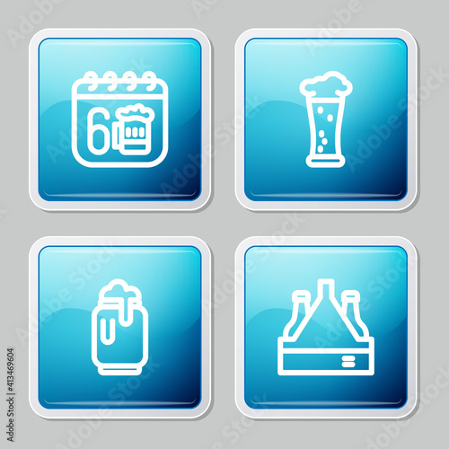 Set line Saint Patricks day calendar, Glass of beer, Beer can with foam and Pack bottles icon. Vector.